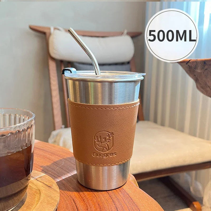 Industrial Style 304 Stainless Steel Household Beer Mugs Anti-drop Teacups Simple Net Red Coffee Cups Straw Cups Fast Chilling