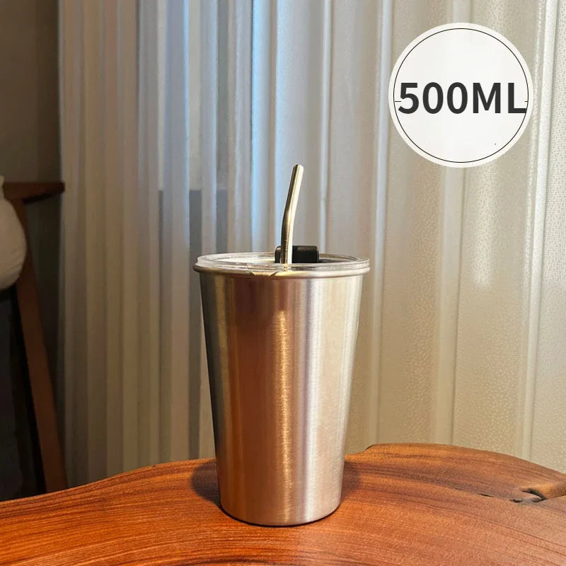 Industrial Style 304 Stainless Steel Household Beer Mugs Anti-drop Teacups Simple Net Red Coffee Cups Straw Cups Fast Chilling