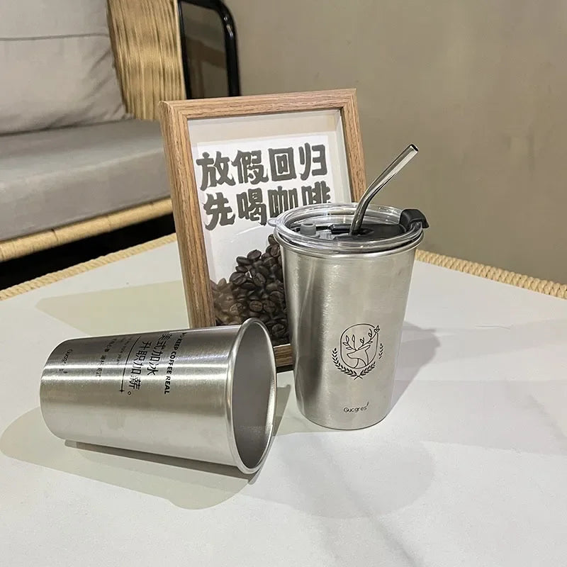 Industrial Style 304 Stainless Steel Household Beer Mugs Anti-drop Teacups Simple Net Red Coffee Cups Straw Cups Fast Chilling
