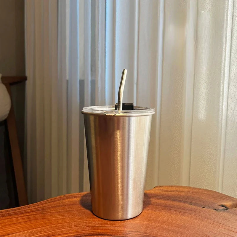 Industrial Style 304 Stainless Steel Household Beer Mugs Anti-drop Teacups Simple Net Red Coffee Cups Straw Cups Fast Chilling