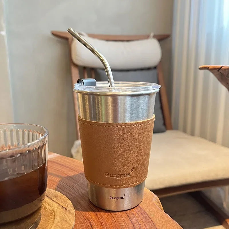Industrial Style 304 Stainless Steel Household Beer Mugs Anti-drop Teacups Simple Net Red Coffee Cups Straw Cups Fast Chilling